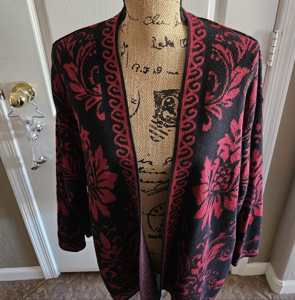 JM Collection Black and Red Floral Open-Front Cardigan Jacket
